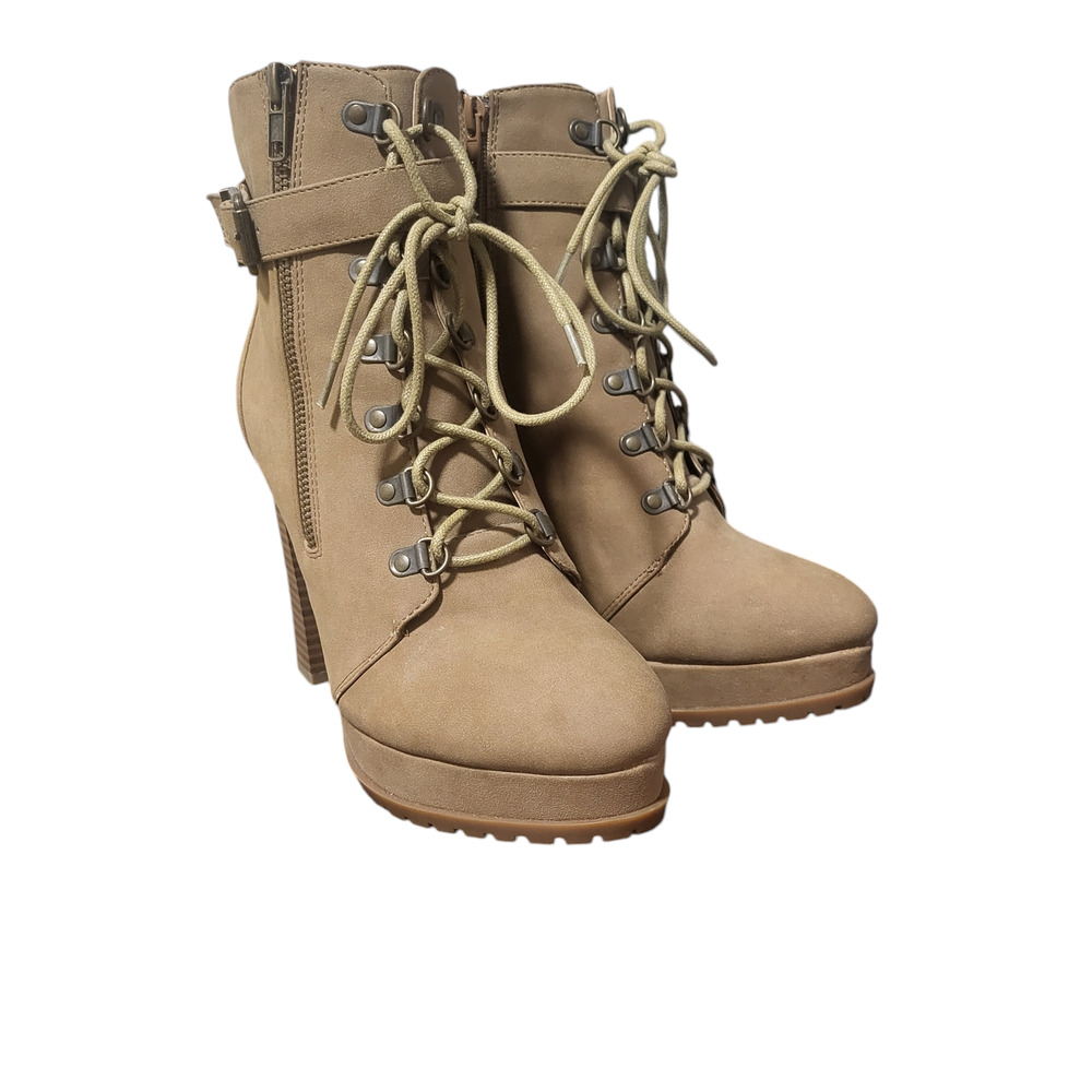 Justfab new tan platform block heel booties with zip/lace up, size US 9